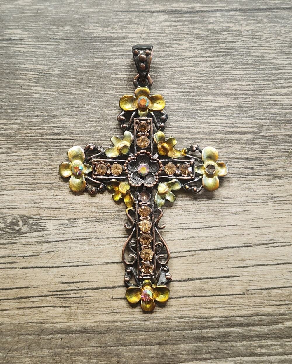 Vintage Pendant Bronze Amber Embellished Floral Cross Christian Religious